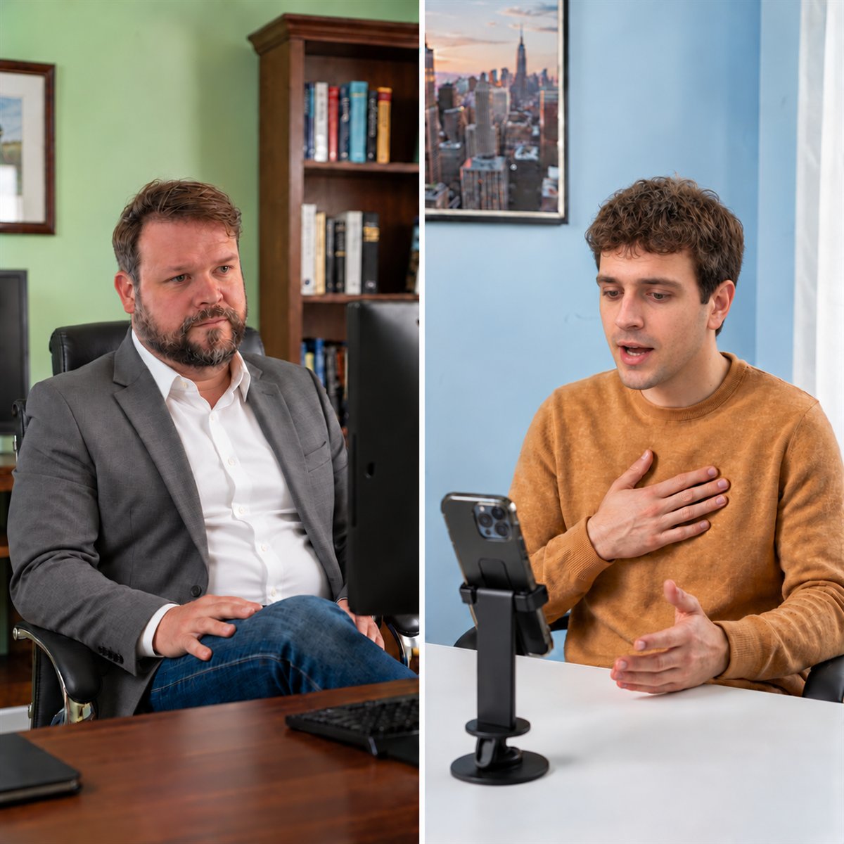 A therapist at his desk and a client at home, talking by video call